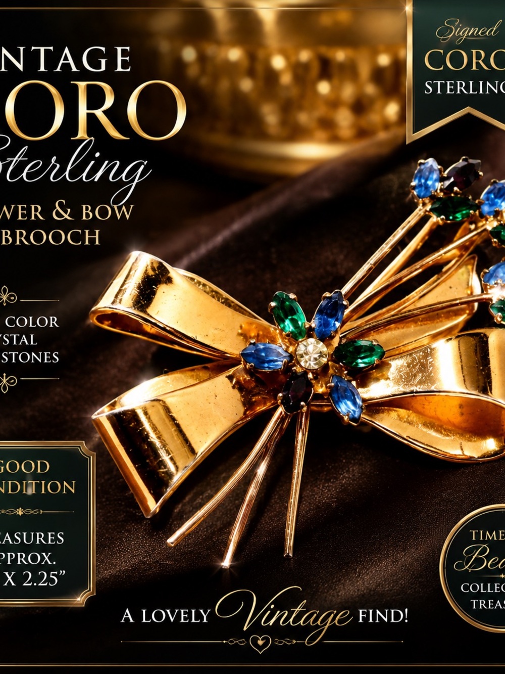 Coro Gold-Tone Bow Brooch with Blue, Green and Clear Stones